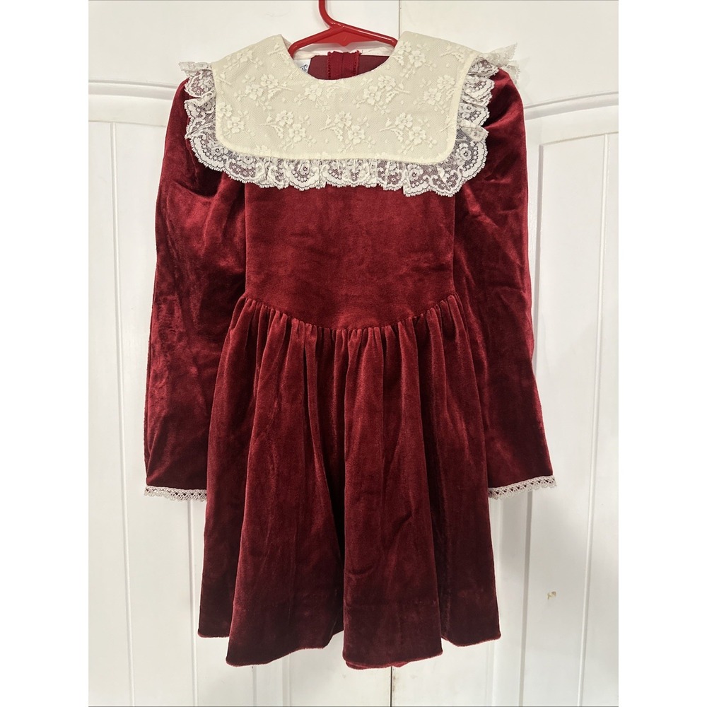 Vintage Polly Flinders Dark Maroon Velvet Dress With Lace Collar & Trim Size 6X